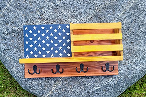 American Flag Key Holder & Organizer with Shelf for Wall. Crafted of Natural Fir Wood, Hand Painted in Patriotic Red, White, Blue. Unique Design, Decor Accent for Entry, Office, Living Room, Bedroom