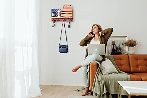 American Flag Key Holder & Organizer with Shelf for Wall. Crafted of Natural Fir Wood, Hand Painted in Patriotic Red, White, Blue. Unique Design, Decor Accent for Entry, Office, Living Room, Bedroom