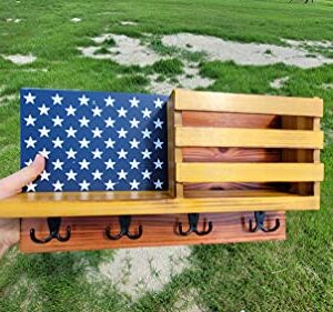 American Flag Key Holder & Organizer with Shelf for Wall. Crafted of Natural Fir Wood, Hand Painted in Patriotic Red, White, Blue. Unique Design, Decor Accent for Entry, Office, Living Room, Bedroom