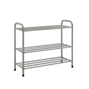 aisputin 3 tier shoe rack, stainless steel shoe racks for closets, 9-11 pairs shoes organizer, boot and sneaker shelves for entryway,25.59" w x 9.44" d x21.25 h. (65l x 24w x 54h cm)