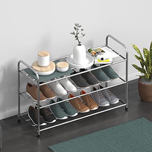 AISPUTIN 3 Tier Shoe Rack, Stainless Steel Shoe Racks for Closets, 9-11 Pairs Shoes Organizer, Boot and Sneaker Shelves for Entryway,25.59" W x 9.44" D x21.25 H. (65L x 24W x 54H cm)