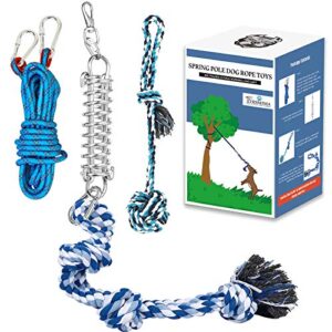 spring pole dog rope toys: dog rope pull & tug of war toy with a big spring pole kit & 2 strong dog rope toys & 16ft rope - muscle builder interactive dog toy for pitbull medium to large dog