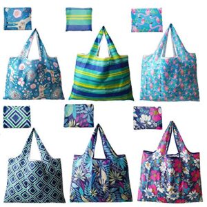 6 pack reusable grocery shopping tote foldable bags with pouch, large capacity, durable, washable, heavy duty lightweight, eco-friendly, waterproof, geometry animal floral design also for travel, gift