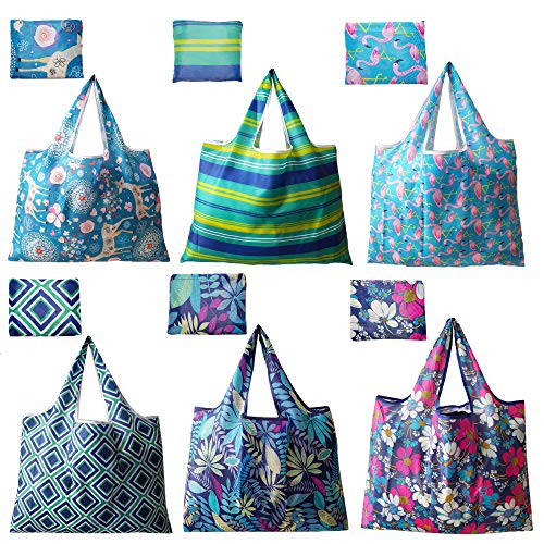 6 Pack Reusable Grocery Shopping Tote Foldable Bags with Pouch, Large Capacity, Durable, Washable, Heavy Duty Lightweight, Eco-Friendly, Waterproof, Geometry Animal Floral Design also for Travel, Gift