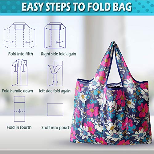 6 Pack Reusable Grocery Shopping Tote Foldable Bags with Pouch, Large Capacity, Durable, Washable, Heavy Duty Lightweight, Eco-Friendly, Waterproof, Geometry Animal Floral Design also for Travel, Gift