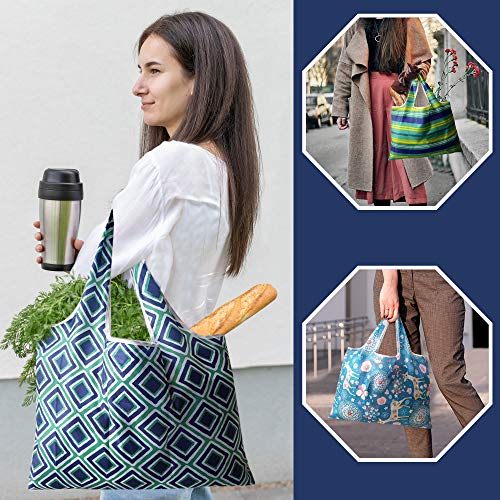 6 Pack Reusable Grocery Shopping Tote Foldable Bags with Pouch, Large Capacity, Durable, Washable, Heavy Duty Lightweight, Eco-Friendly, Waterproof, Geometry Animal Floral Design also for Travel, Gift