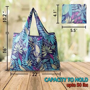 6 Pack Reusable Grocery Shopping Tote Foldable Bags with Pouch, Large Capacity, Durable, Washable, Heavy Duty Lightweight, Eco-Friendly, Waterproof, Geometry Animal Floral Design also for Travel, Gift