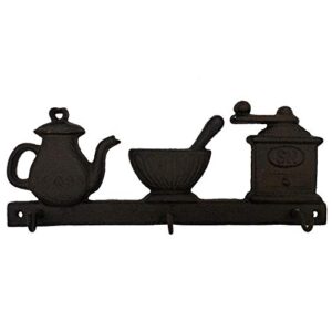 comfy hour 4" cast iron teapot three key coat hooks clothes rack wall hanger, heavy duty recycled gift, dark brown, home décor collection