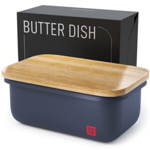 farmhouse butter dish with lid for countertop - butter stick holder container with freshness seal - bamboo lid cutting board butter keeper - butter crock for counter - covered butter dish - gray -23oz