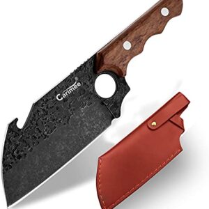 Meat Cleaver Knife, Heavy Duty Kitchen Chopping Knife with Leather Sheath and Bottle Opener Full Tang Ergonomic Handle for Kitchen/Camping/Outdoor Survival BBQ -Gift Box