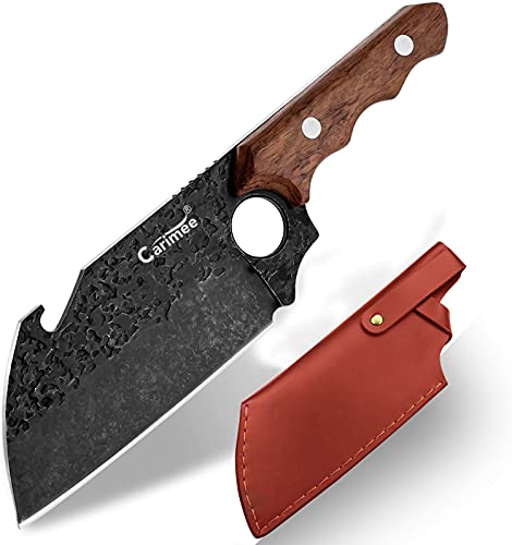 Meat Cleaver Knife, Heavy Duty Kitchen Chopping Knife with Leather Sheath and Bottle Opener Full Tang Ergonomic Handle for Kitchen/Camping/Outdoor Survival BBQ -Gift Box