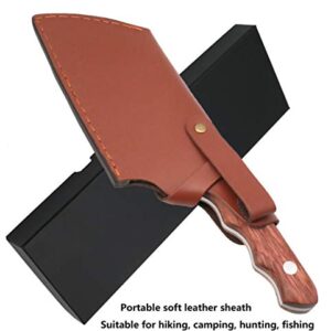 Meat Cleaver Knife, Heavy Duty Kitchen Chopping Knife with Leather Sheath and Bottle Opener Full Tang Ergonomic Handle for Kitchen/Camping/Outdoor Survival BBQ -Gift Box