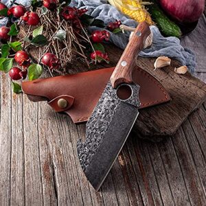 Meat Cleaver Knife, Heavy Duty Kitchen Chopping Knife with Leather Sheath and Bottle Opener Full Tang Ergonomic Handle for Kitchen/Camping/Outdoor Survival BBQ -Gift Box