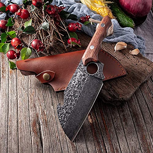 Meat Cleaver Knife, Heavy Duty Kitchen Chopping Knife with Leather Sheath and Bottle Opener Full Tang Ergonomic Handle for Kitchen/Camping/Outdoor Survival BBQ -Gift Box