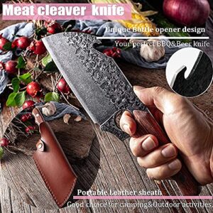 Meat Cleaver Knife, Heavy Duty Kitchen Chopping Knife with Leather Sheath and Bottle Opener Full Tang Ergonomic Handle for Kitchen/Camping/Outdoor Survival BBQ -Gift Box