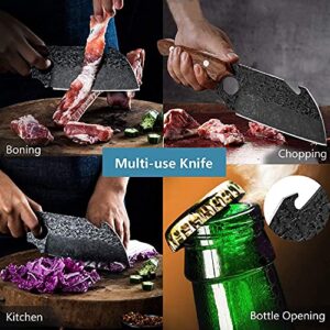 Meat Cleaver Knife, Heavy Duty Kitchen Chopping Knife with Leather Sheath and Bottle Opener Full Tang Ergonomic Handle for Kitchen/Camping/Outdoor Survival BBQ -Gift Box