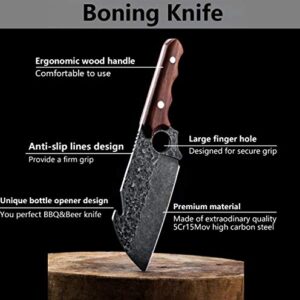 Meat Cleaver Knife, Heavy Duty Kitchen Chopping Knife with Leather Sheath and Bottle Opener Full Tang Ergonomic Handle for Kitchen/Camping/Outdoor Survival BBQ -Gift Box