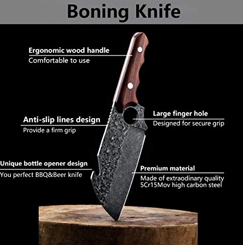 Meat Cleaver Knife, Heavy Duty Kitchen Chopping Knife with Leather Sheath and Bottle Opener Full Tang Ergonomic Handle for Kitchen/Camping/Outdoor Survival BBQ -Gift Box