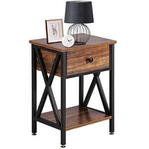 vecelo side/end table drawer & storage shelf for living room bedroom, versatile x-design, brown, nightstand with drawer, retro brn