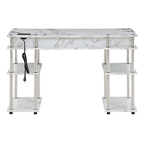 Convenience Concepts Designs2Go No Tools Student Desk with Charging Station and Shelves, White Marble