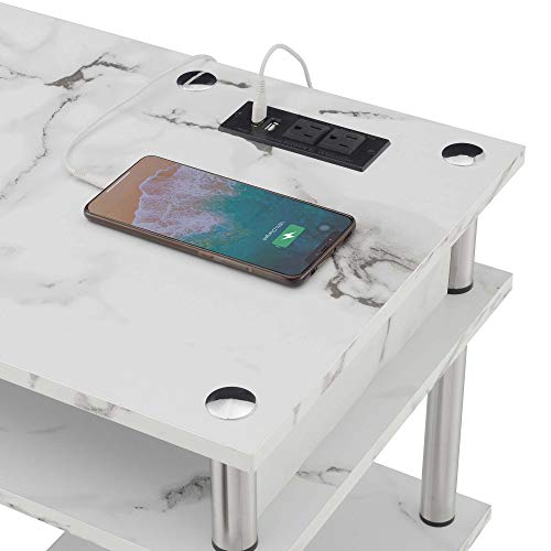 Convenience Concepts Designs2Go No Tools Student Desk with Charging Station and Shelves, White Marble