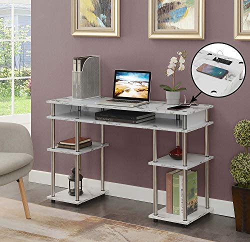 Convenience Concepts Designs2Go No Tools Student Desk with Charging Station and Shelves, White Marble