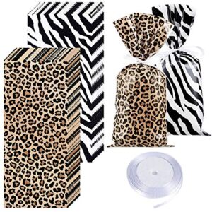 100 pieces leopard and zebra print cellophane bags animal print party supplies bags sealable treat bags with a roll of white ribbon for chocolate candy snacks cookies zoo or jungle party