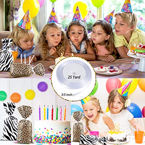 100 Pieces Leopard and Zebra Print Cellophane Bags Animal Print Party Supplies Bags Sealable Treat Bags with a Roll of White Ribbon for Chocolate Candy Snacks Cookies Zoo or Jungle Party