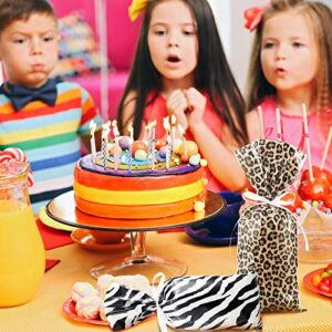 100 Pieces Leopard and Zebra Print Cellophane Bags Animal Print Party Supplies Bags Sealable Treat Bags with a Roll of White Ribbon for Chocolate Candy Snacks Cookies Zoo or Jungle Party