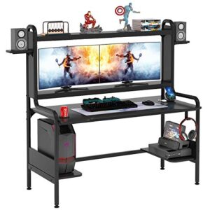 tiyase gaming desk with monitor stand, 55 inch gaming computer desk with hutch and storage shelves, large pc gamer desk workstation gaming table with cup holder, headphone hook, speak stands, black