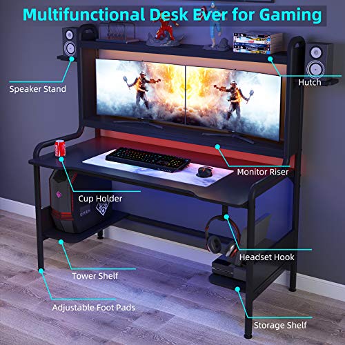 TIYASE Gaming Desk with Monitor Stand, 55 Inch Gaming Computer Desk with Hutch and Storage Shelves, Large PC Gamer Desk Workstation Gaming Table with Cup Holder, Headphone Hook, Speak Stands, Black