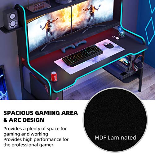 TIYASE Gaming Desk with Monitor Stand, 55 Inch Gaming Computer Desk with Hutch and Storage Shelves, Large PC Gamer Desk Workstation Gaming Table with Cup Holder, Headphone Hook, Speak Stands, Black