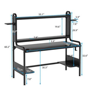 TIYASE Gaming Desk with Monitor Stand, 55 Inch Gaming Computer Desk with Hutch and Storage Shelves, Large PC Gamer Desk Workstation Gaming Table with Cup Holder, Headphone Hook, Speak Stands, Black