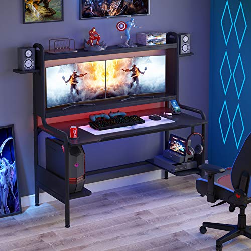 TIYASE Gaming Desk with Monitor Stand, 55 Inch Gaming Computer Desk with Hutch and Storage Shelves, Large PC Gamer Desk Workstation Gaming Table with Cup Holder, Headphone Hook, Speak Stands, Black