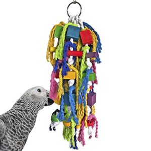 meric block and rope toy for birds, multi-colored string & wood hanging toy, lessens boredom & disruption, no assembly & easy installation, great for parrots, cockatoos, macaws & conures, 1pc