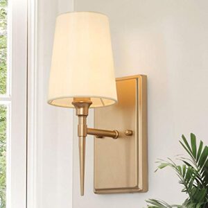 classy leaves sconces wall lighting fixture, 1 light gold bathroom light fixtures with white fabric shade, modern gold wall sconce for bathroom, bedroom and hallway (6.5" w x 12" h)