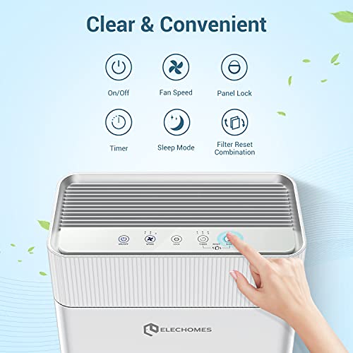 Air Purifier for Home, Elechomes True HEPA Air Purifiers for Large Room with Washable Filter, Timer, Ultra-Quiet Sleep Mode, KJ203F-142