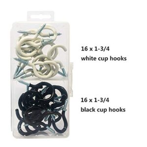 DIY.TK Cup Screw Hooks for Hanging, 32 Pack Ceiling Hooks 1-3/4 inch Vinyl Steel Cup Hooks Outdoor Indoor Porch Bathroom Kitchen Wall Hang Hooks for Coffee Tea Cup, Plant, Light, Mug – White,Black