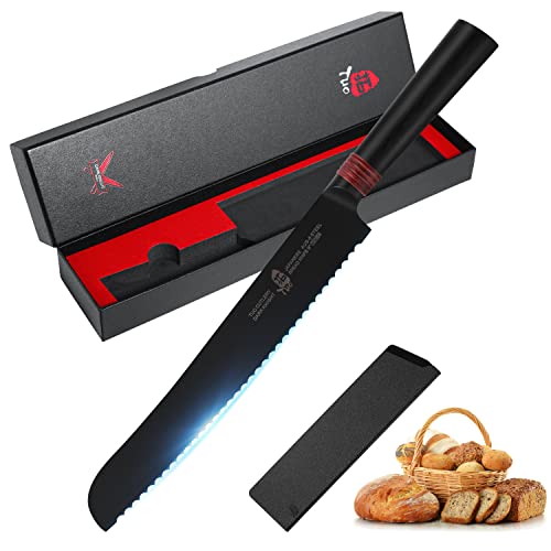 TUO Serrated Bread Knife 9" - Super Sharp Carving Knife Black - HC Japanese AUS-8 Stainless Steel - Comfortable Pakkawood Handle with Sheath & Luxurious Gift Box - Dark Knight Series