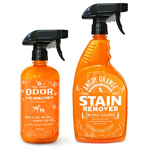 ANGRY ORANGE Pet Stain and Odor Remover - 2 Spray Pack - 32 oz Dog, Ferret, Rabbit & Cat Urine Enzyme Cleaner - 24 oz Pet Odor Eliminator for Strong Odor - for Pee on Carpet, Furniture, Tile, Wood