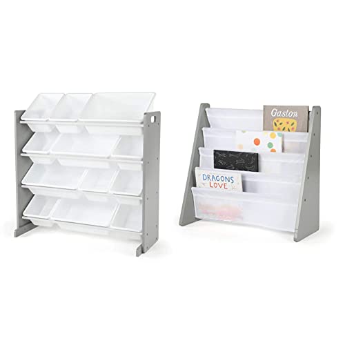 Humble Crew Kids Toy Organizer, Toddler, Grey/White & Crew Kids Book Rack Storage Bookshelf, Grey/White