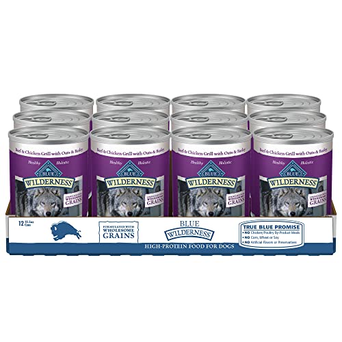 Blue Buffalo Wilderness High Protein Natural Adult Wet Dog Food plus Wholesome Grains, Beef & Chicken Grill 12.5-oz cans (Pack of 12)