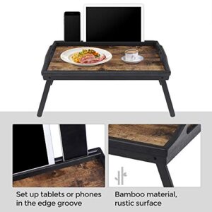 SONGMICS Bed Tray Table with Bamboo Folding Legs, Sofa Breakfast Tray, Serving Tray with Groove for Phone Tablet, Rustic Dark Brown ULLD111B01