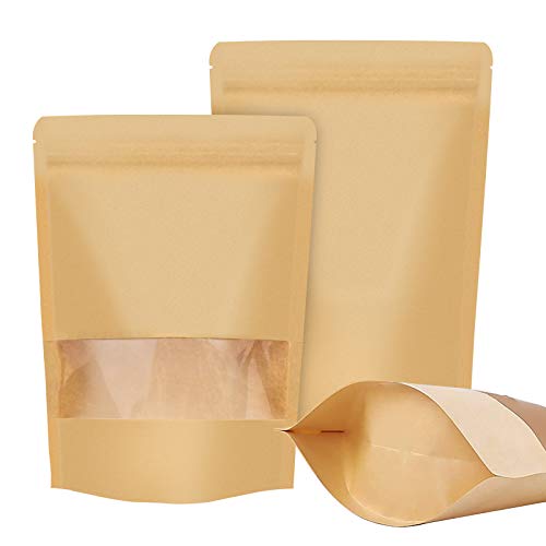 KLATIE 50pcs Kraft Stand Up Pouches, 3.5"×5.5" Zip Lock Food Storage Bags with Window, Reusable, Heat-Sealable Bags for Cookies Coffee Tea