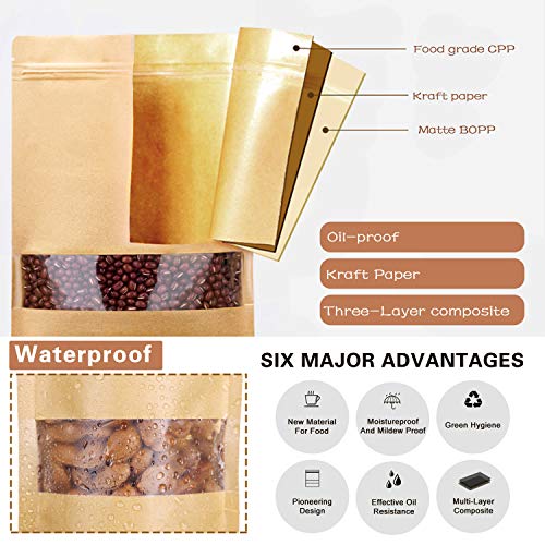 KLATIE 50pcs Kraft Stand Up Pouches, 3.5"×5.5" Zip Lock Food Storage Bags with Window, Reusable, Heat-Sealable Bags for Cookies Coffee Tea