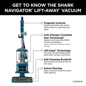 Shark ZU503AMZ Navigator Lift-Away Upright Vacuum with Self-Cleaning Brushroll, HEPA Filter, Swivel Steering, Upholstery Tool & Pet Crevice Tool, Perfect for Pets & Multi-Surface Cleaning, Teal