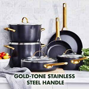 GreenPan Reserve Hard Anodized Healthy Ceramic Nonstick 10 Piece Cookware Pots and Pans Set, Gold Handle, PFAS-Free, Dishwasher Safe, Oven Safe, Black