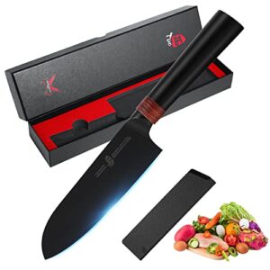 tuo santoku knife 5.5"- razor sharp japanese chefs knife - hc japanese aus-8 steel - black titanium coated blade - ergonomic pakkawood handle with sheath & gift box - dark knight series