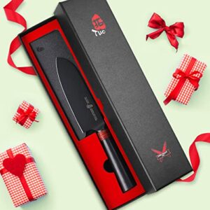 TUO Santoku Knife 5.5"- Razor Sharp Japanese Chefs Knife - HC Japanese AUS-8 Steel - Black Titanium Coated Blade - Ergonomic Pakkawood Handle with Sheath & Gift Box - Dark Knight Series