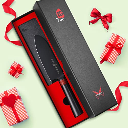 TUO Santoku Knife 5.5"- Razor Sharp Japanese Chefs Knife - HC Japanese AUS-8 Steel - Black Titanium Coated Blade - Ergonomic Pakkawood Handle with Sheath & Gift Box - Dark Knight Series